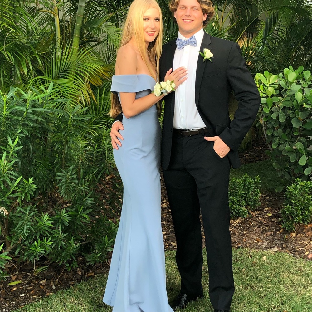 blue off the shoulder long dress